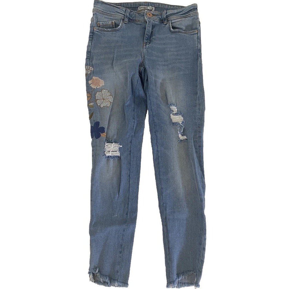 Zara Basic Jeans 0 2 Embroidered Floral Sequin Z1975 Denim Beach Boho Flowers
